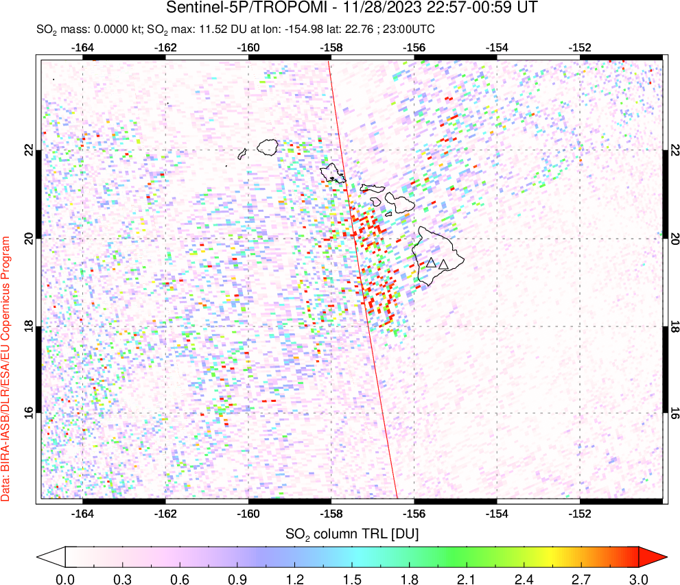 A sulfur dioxide image over Hawaii, USA on Nov 28, 2023.