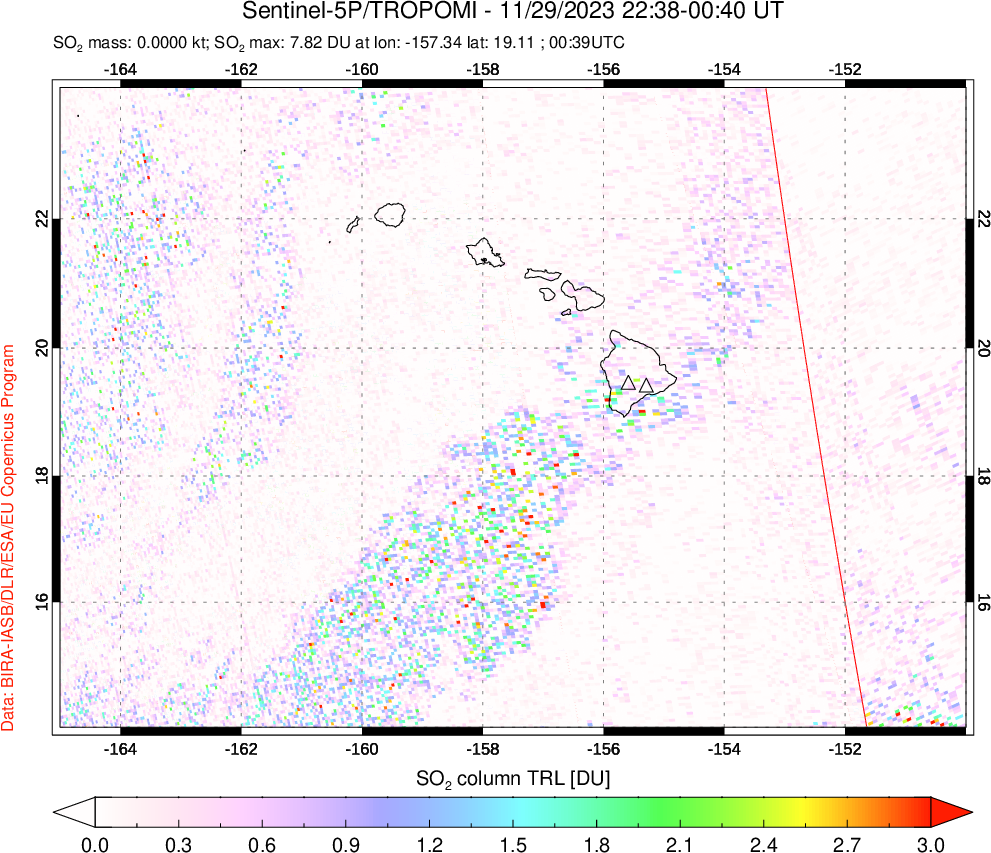 A sulfur dioxide image over Hawaii, USA on Nov 29, 2023.