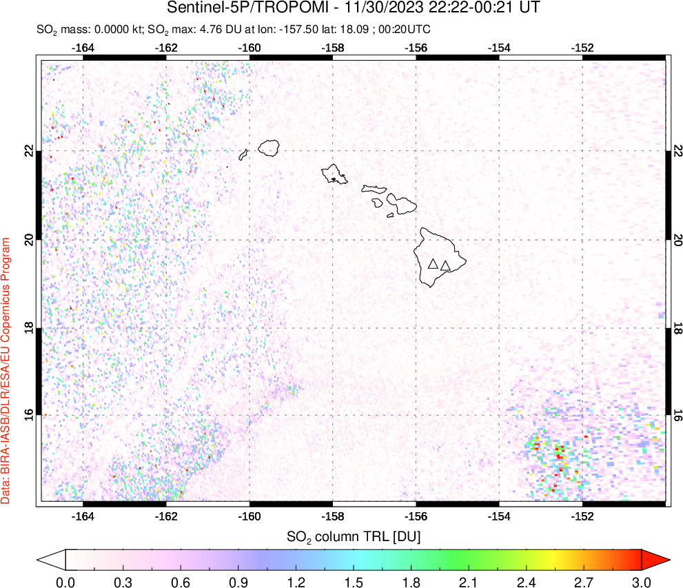 A sulfur dioxide image over Hawaii, USA on Nov 30, 2023.