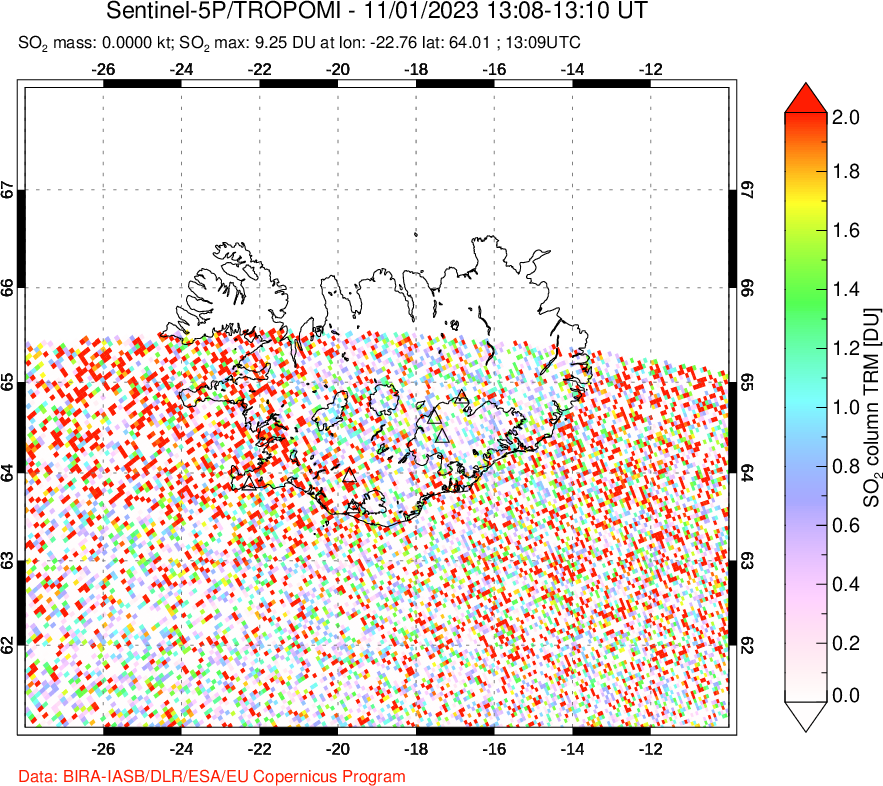 A sulfur dioxide image over Iceland on Nov 01, 2023.