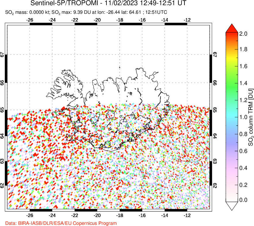 A sulfur dioxide image over Iceland on Nov 02, 2023.