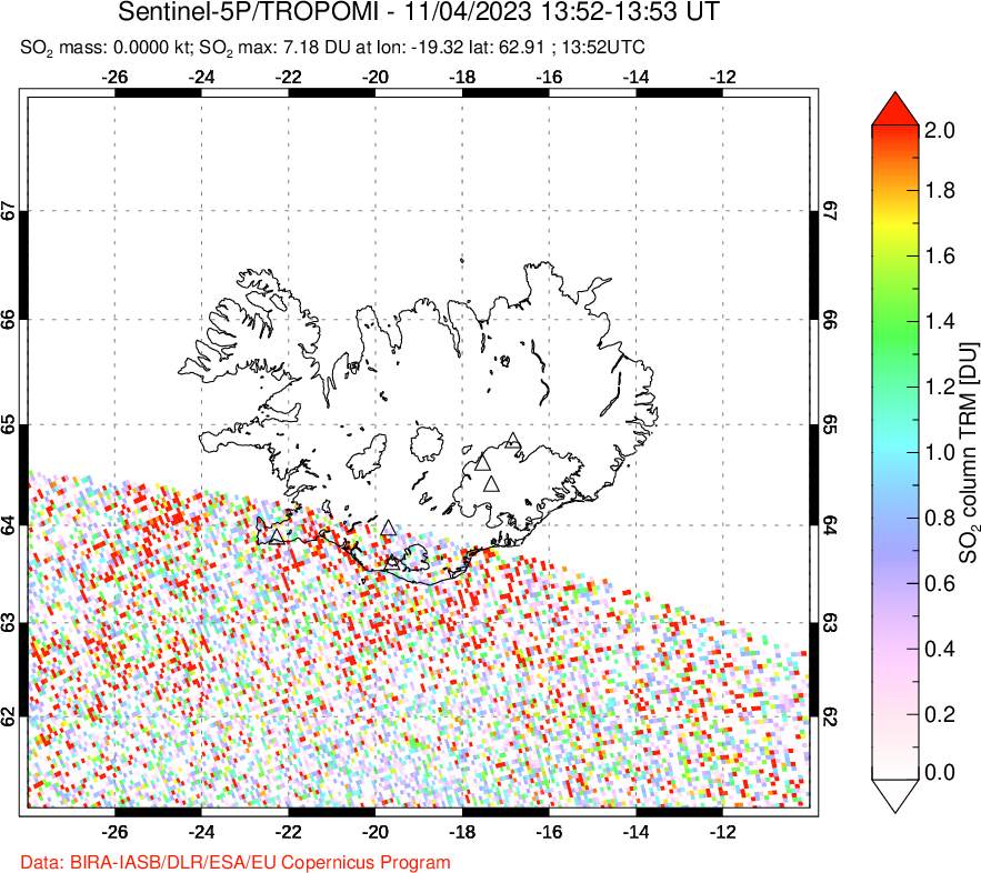 A sulfur dioxide image over Iceland on Nov 04, 2023.