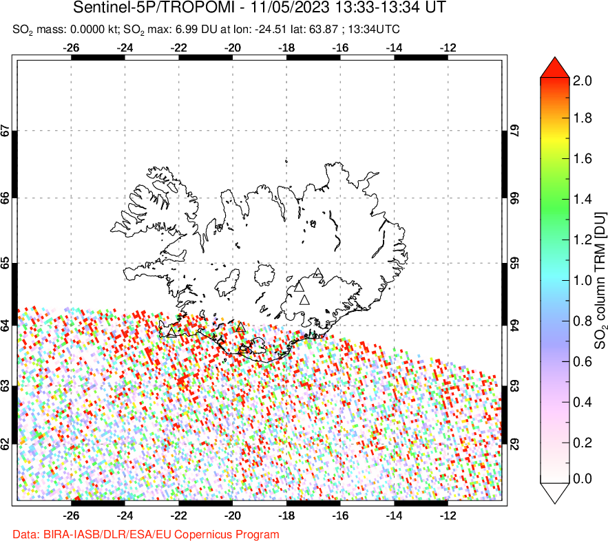 A sulfur dioxide image over Iceland on Nov 05, 2023.