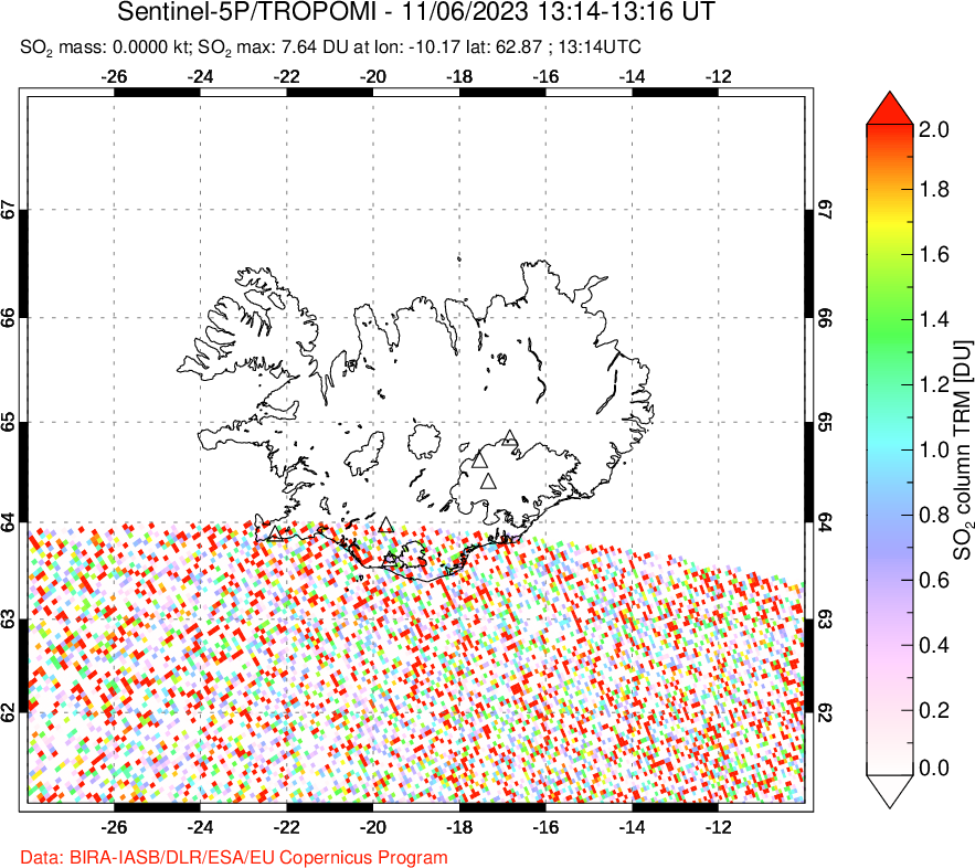 A sulfur dioxide image over Iceland on Nov 06, 2023.