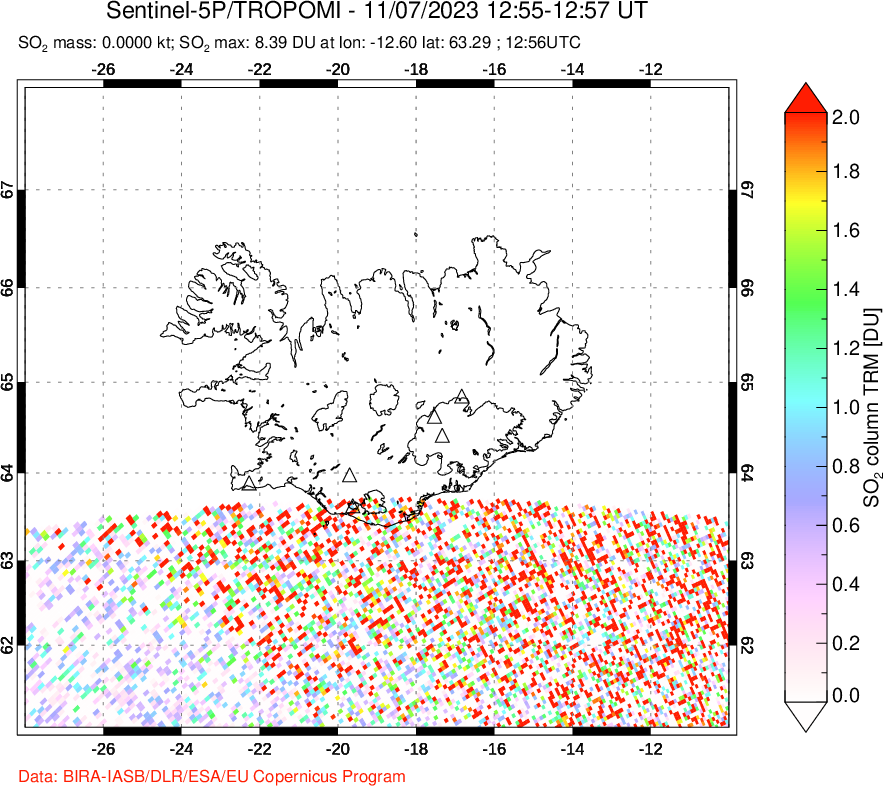 A sulfur dioxide image over Iceland on Nov 07, 2023.