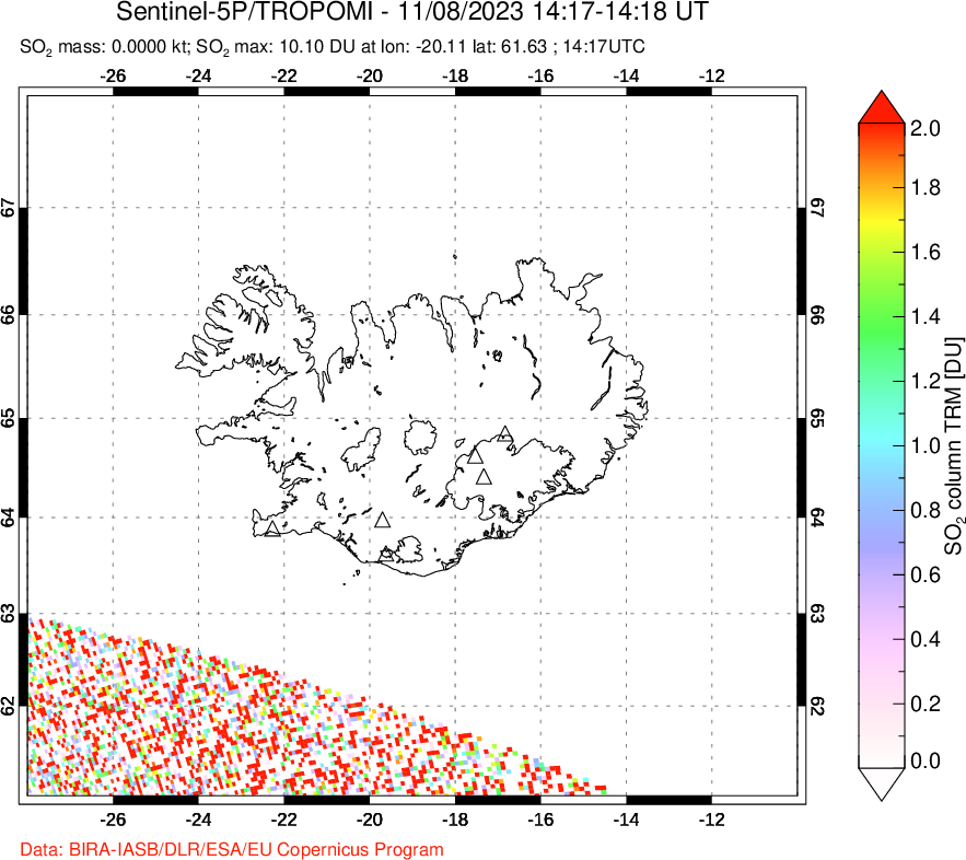 A sulfur dioxide image over Iceland on Nov 08, 2023.