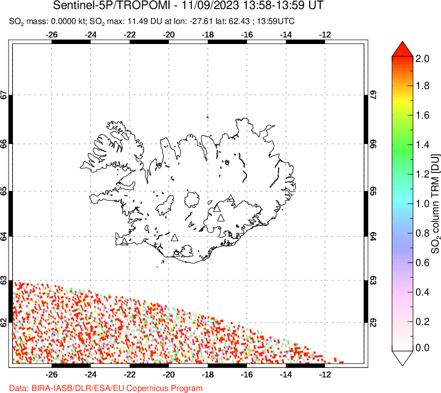 A sulfur dioxide image over Iceland on Nov 09, 2023.