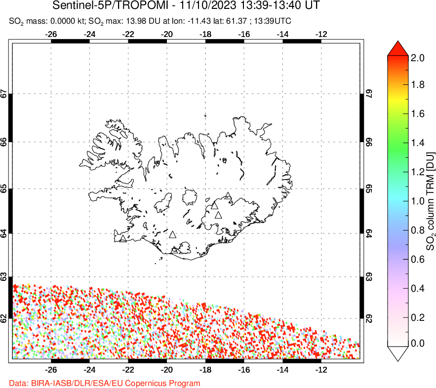 A sulfur dioxide image over Iceland on Nov 10, 2023.