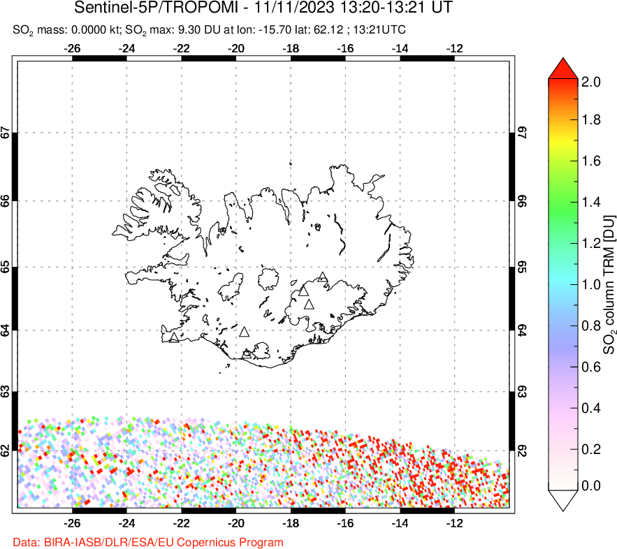 A sulfur dioxide image over Iceland on Nov 11, 2023.