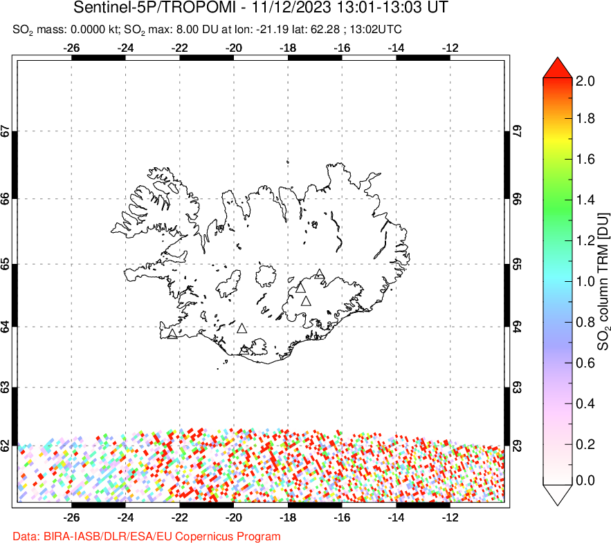 A sulfur dioxide image over Iceland on Nov 12, 2023.