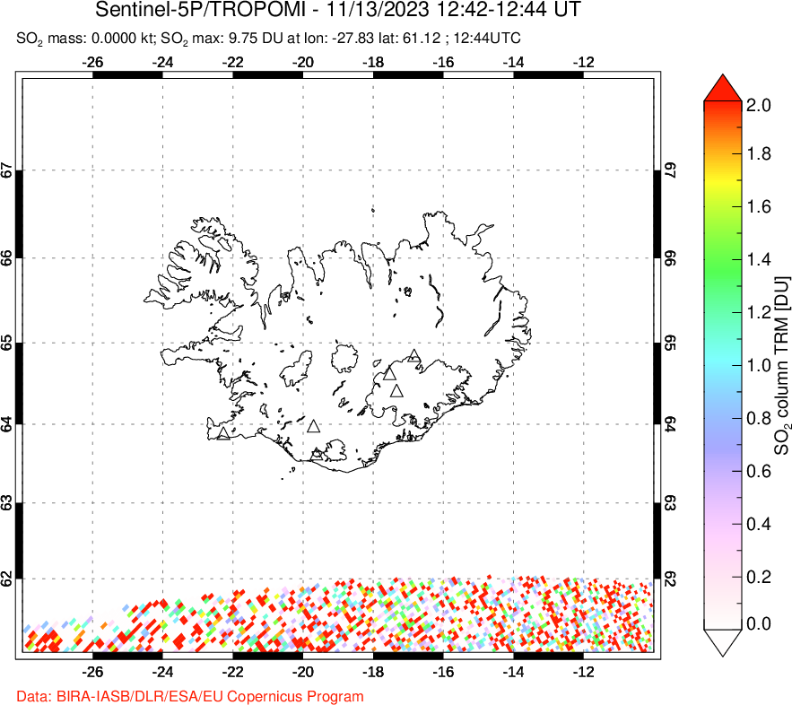 A sulfur dioxide image over Iceland on Nov 13, 2023.