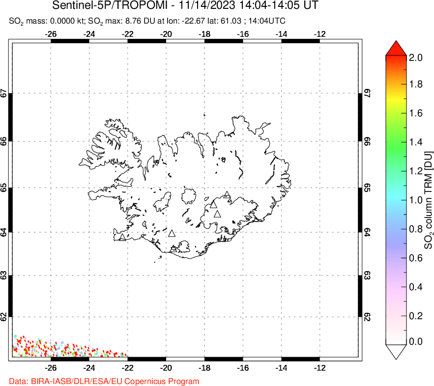 A sulfur dioxide image over Iceland on Nov 14, 2023.