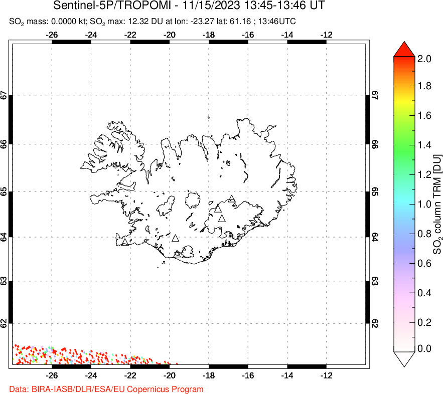 A sulfur dioxide image over Iceland on Nov 15, 2023.