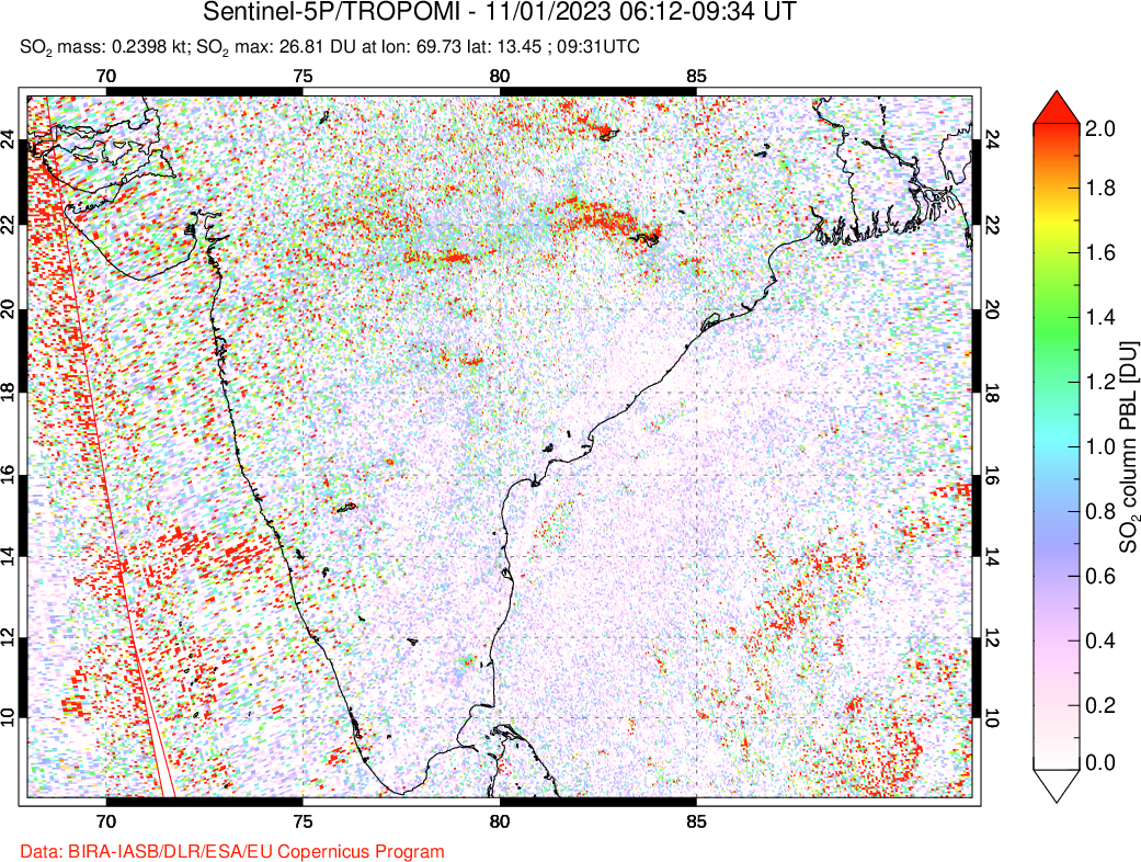 A sulfur dioxide image over India on Nov 01, 2023.