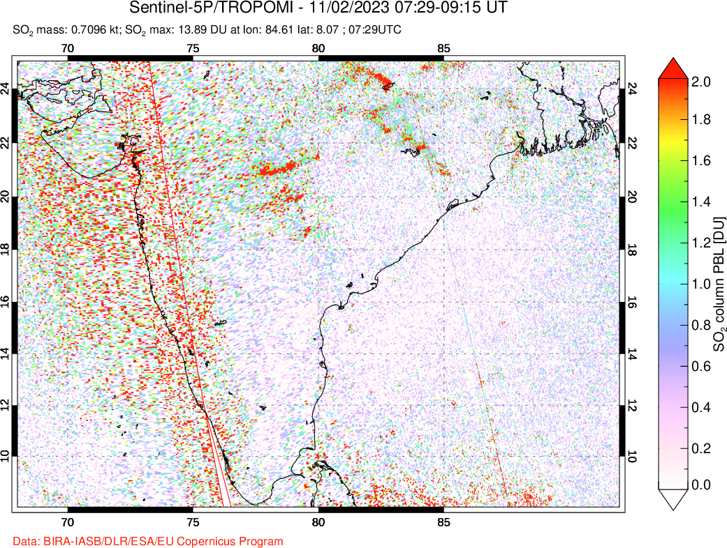 A sulfur dioxide image over India on Nov 02, 2023.