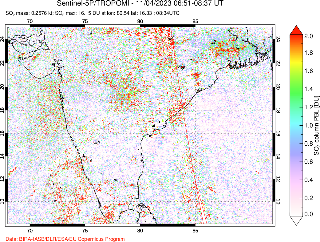 A sulfur dioxide image over India on Nov 04, 2023.