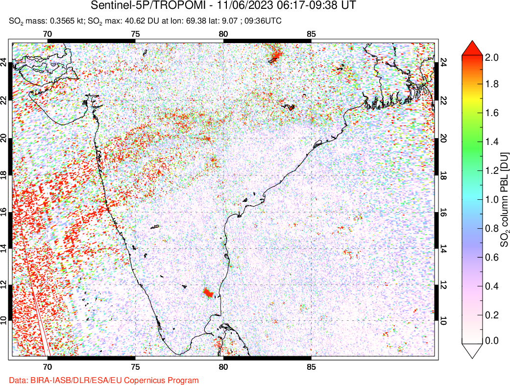 A sulfur dioxide image over India on Nov 06, 2023.