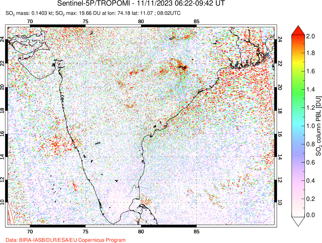 A sulfur dioxide image over India on Nov 11, 2023.