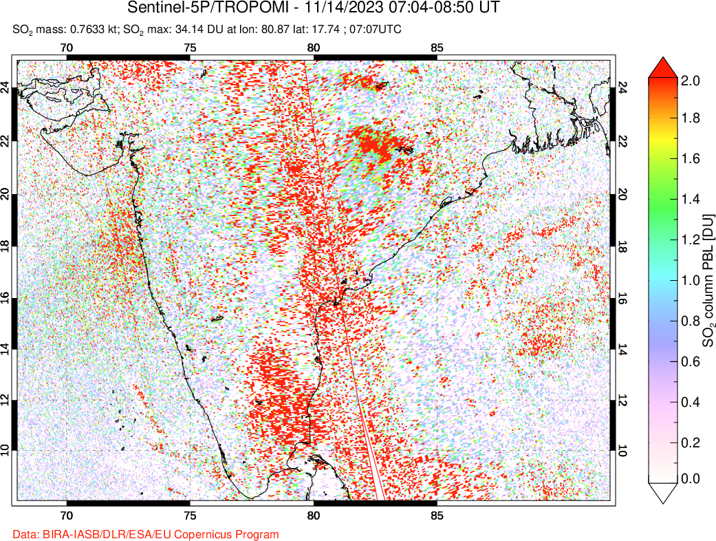 A sulfur dioxide image over India on Nov 14, 2023.