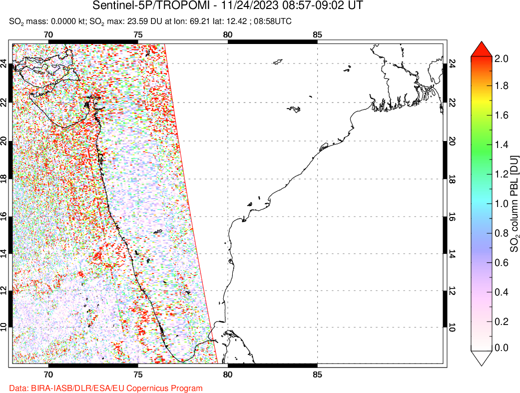 A sulfur dioxide image over India on Nov 24, 2023.