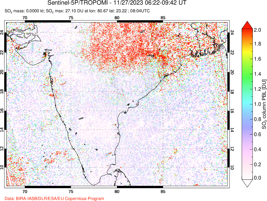 A sulfur dioxide image over India on Nov 27, 2023.