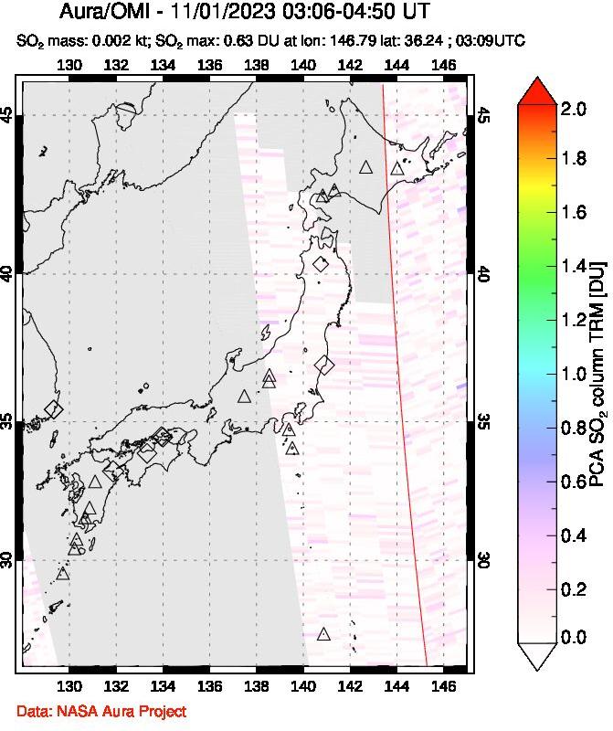 A sulfur dioxide image over Japan on Nov 01, 2023.