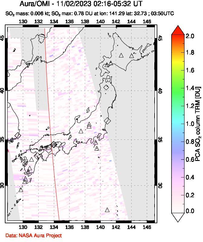 A sulfur dioxide image over Japan on Nov 02, 2023.