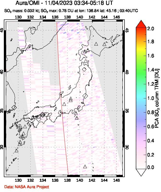 A sulfur dioxide image over Japan on Nov 04, 2023.