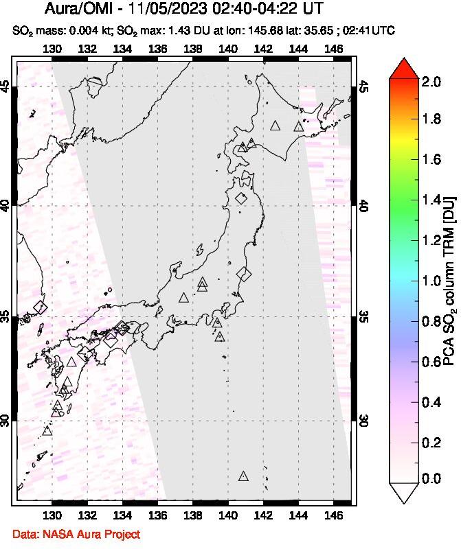 A sulfur dioxide image over Japan on Nov 05, 2023.