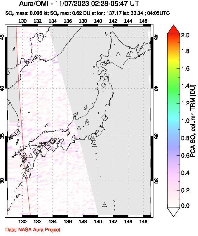 A sulfur dioxide image over Japan on Nov 07, 2023.