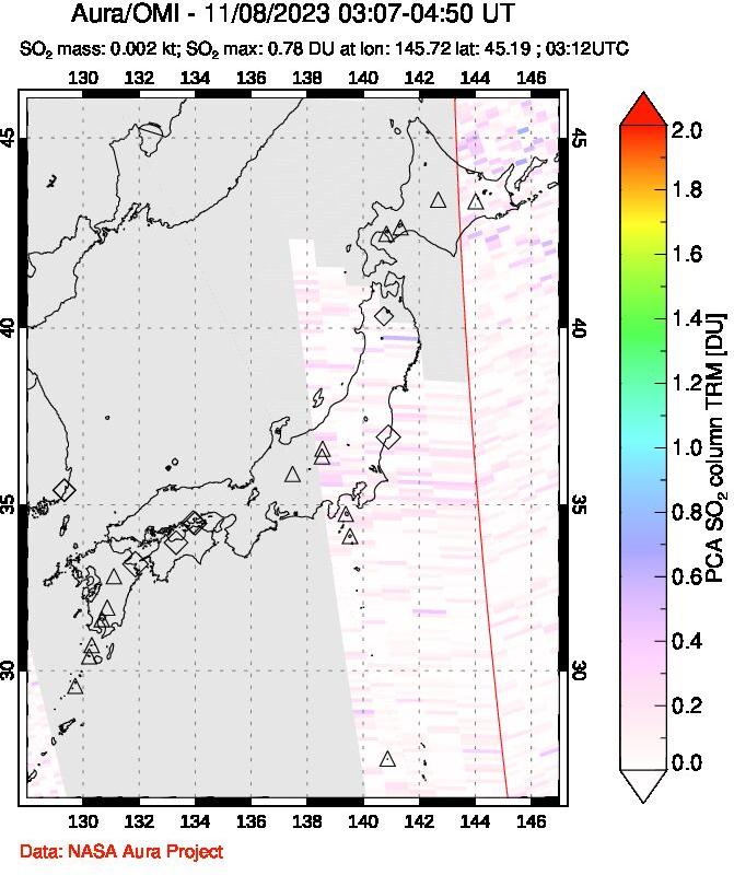 A sulfur dioxide image over Japan on Nov 08, 2023.