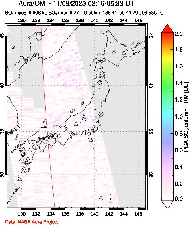 A sulfur dioxide image over Japan on Nov 09, 2023.