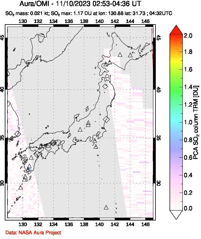 A sulfur dioxide image over Japan on Nov 10, 2023.