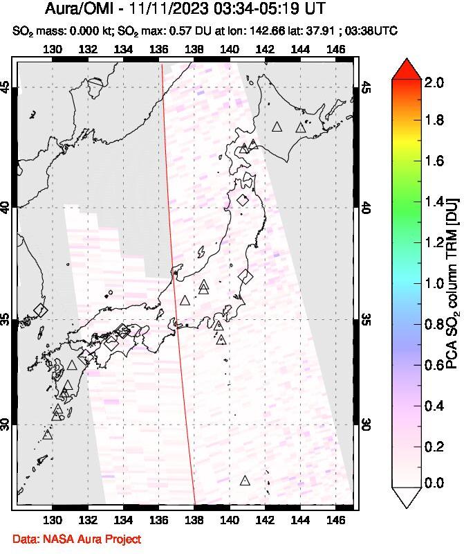 A sulfur dioxide image over Japan on Nov 11, 2023.