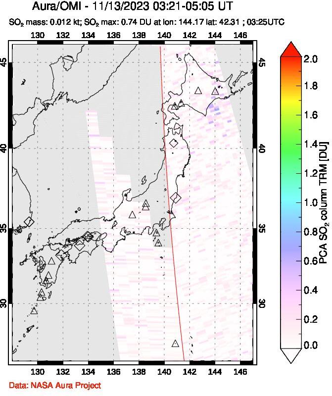 A sulfur dioxide image over Japan on Nov 13, 2023.