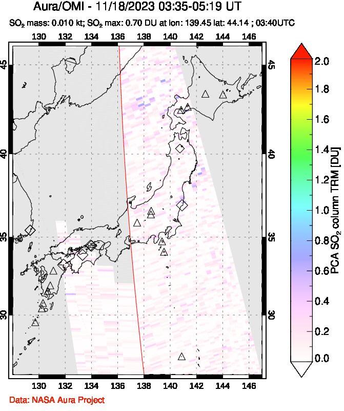 A sulfur dioxide image over Japan on Nov 18, 2023.