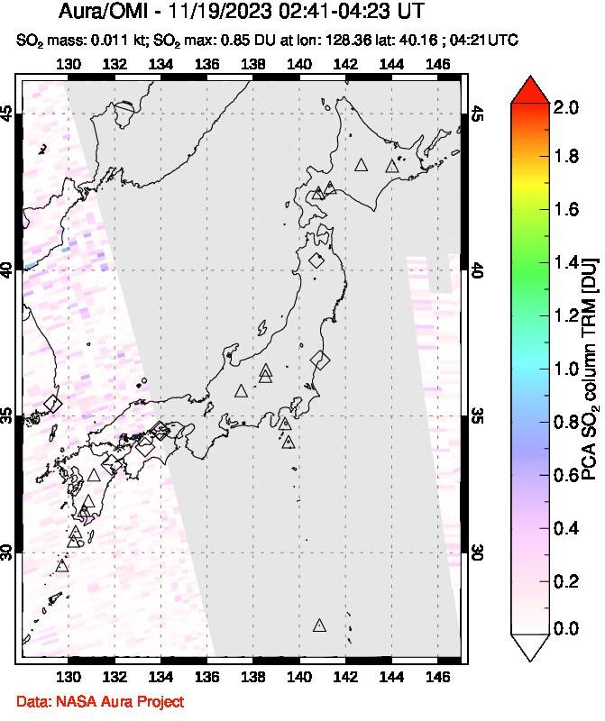 A sulfur dioxide image over Japan on Nov 19, 2023.