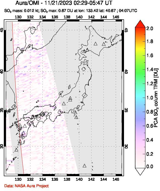 A sulfur dioxide image over Japan on Nov 21, 2023.