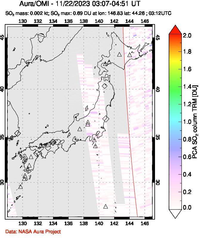 A sulfur dioxide image over Japan on Nov 22, 2023.