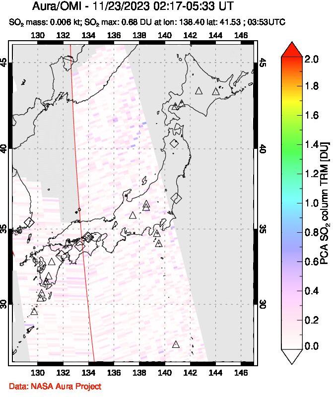 A sulfur dioxide image over Japan on Nov 23, 2023.