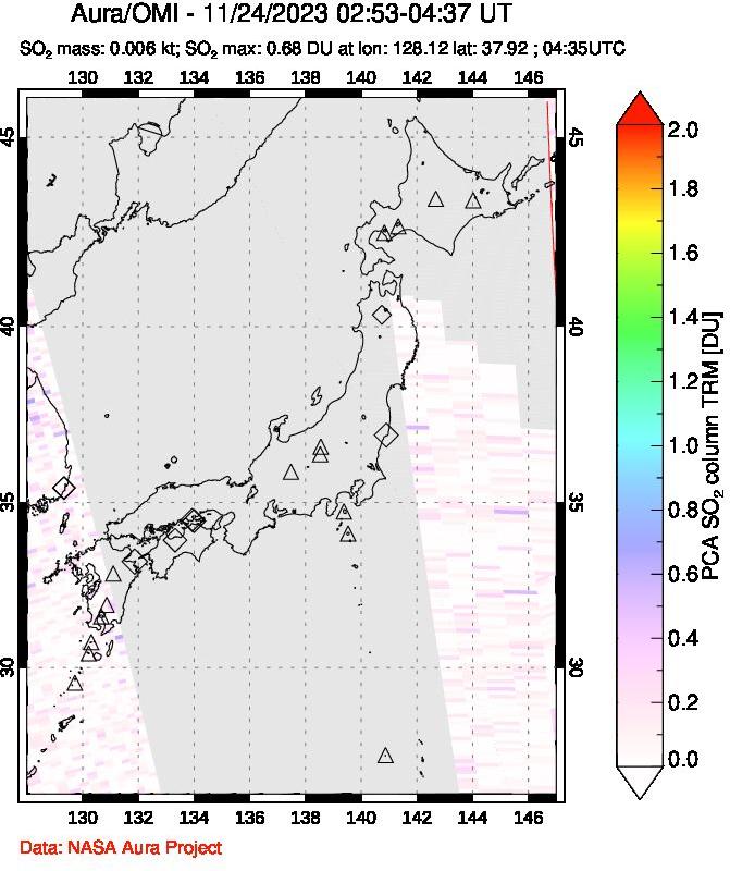 A sulfur dioxide image over Japan on Nov 24, 2023.