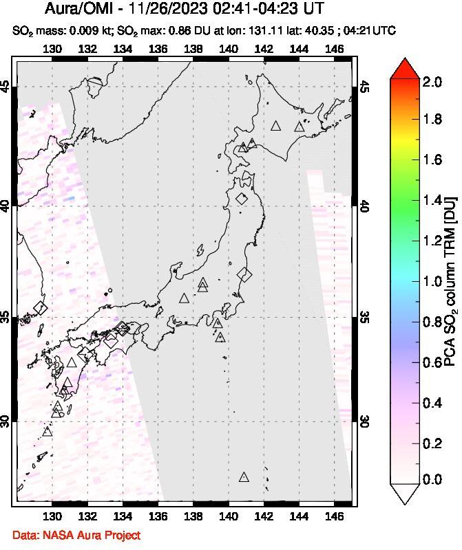 A sulfur dioxide image over Japan on Nov 26, 2023.