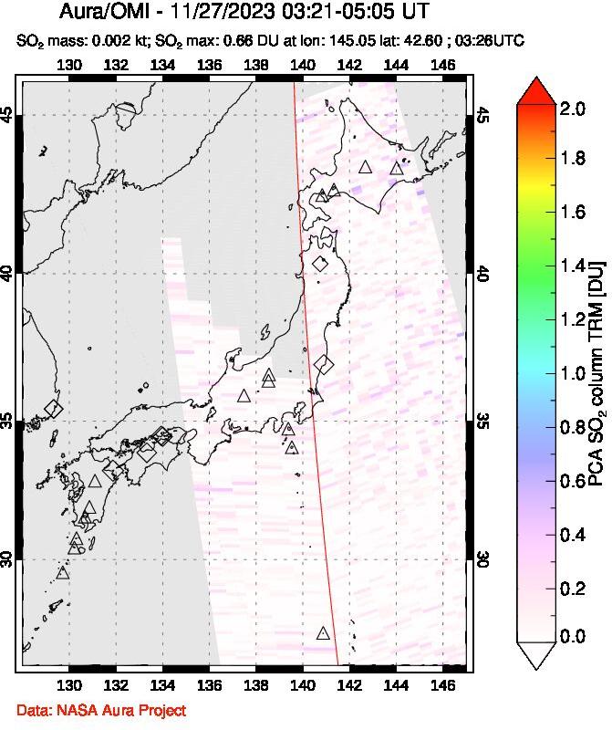 A sulfur dioxide image over Japan on Nov 27, 2023.