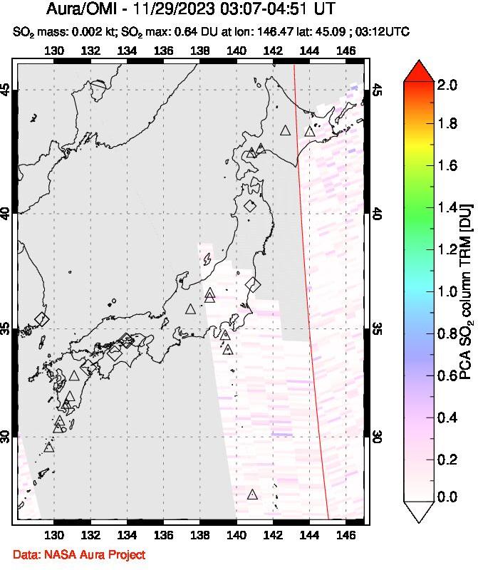 A sulfur dioxide image over Japan on Nov 29, 2023.