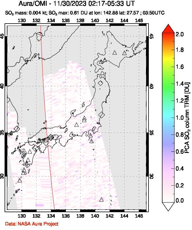 A sulfur dioxide image over Japan on Nov 30, 2023.