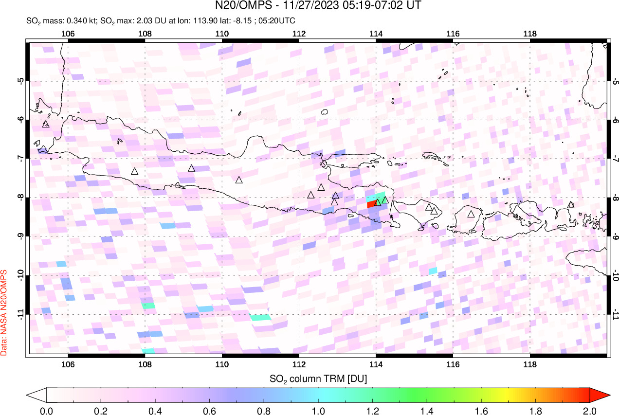 A sulfur dioxide image over Java, Indonesia on Nov 27, 2023.