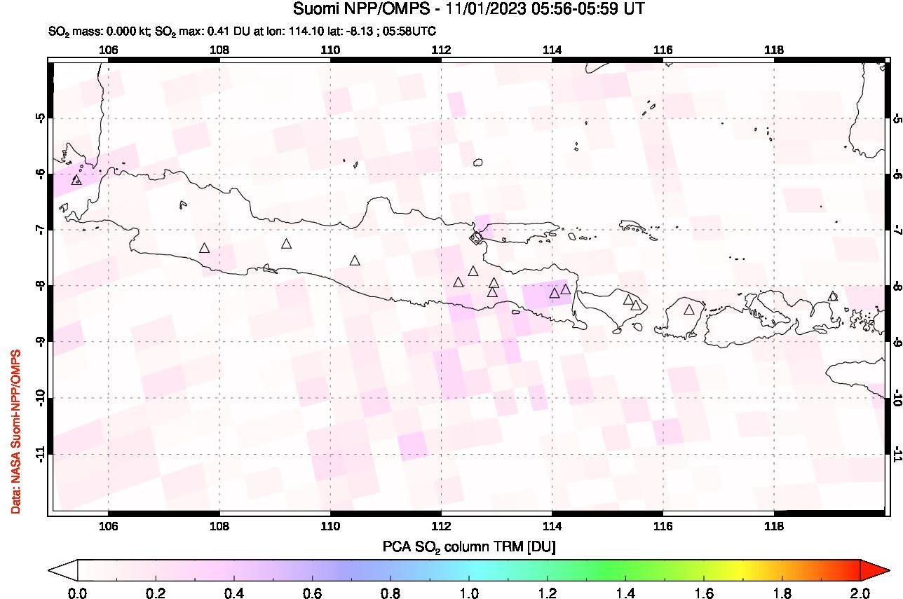 A sulfur dioxide image over Java, Indonesia on Nov 01, 2023.