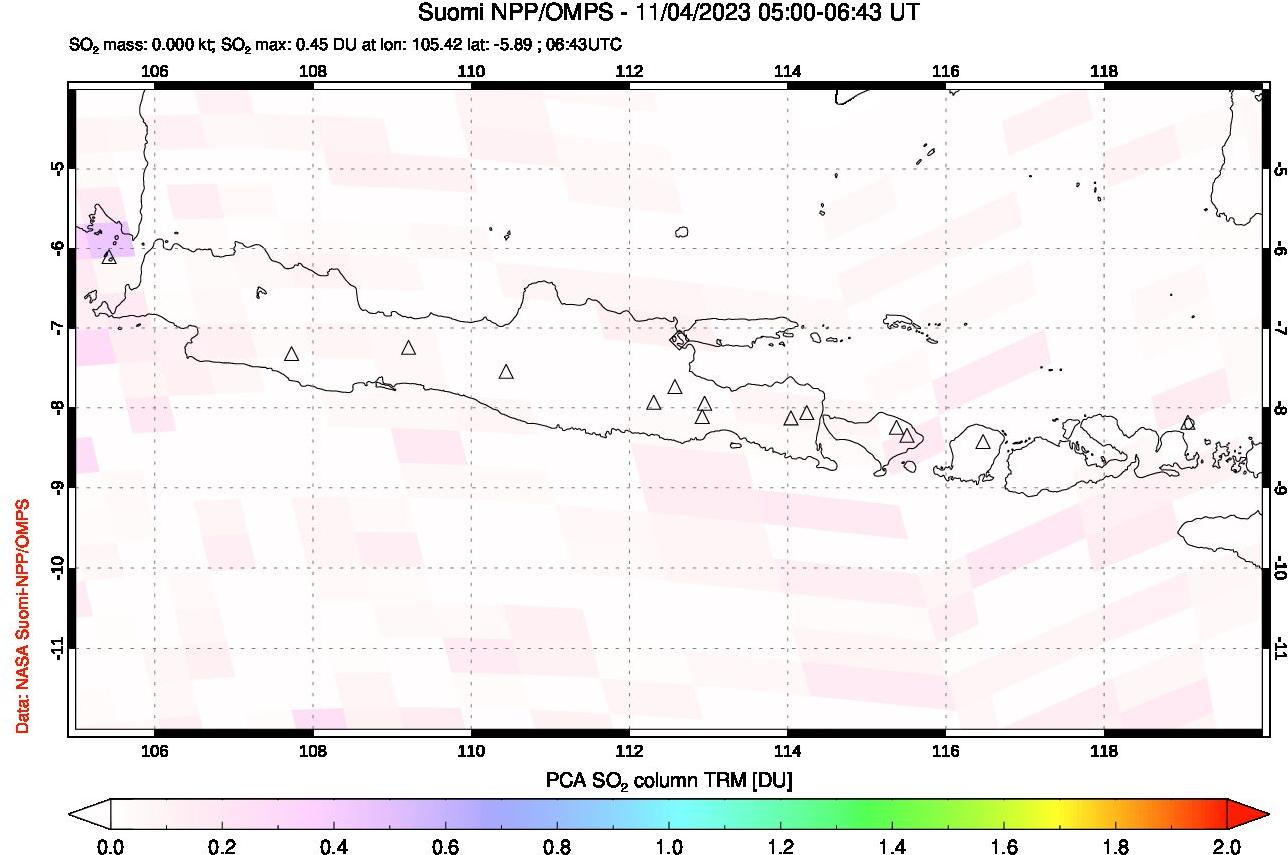 A sulfur dioxide image over Java, Indonesia on Nov 04, 2023.
