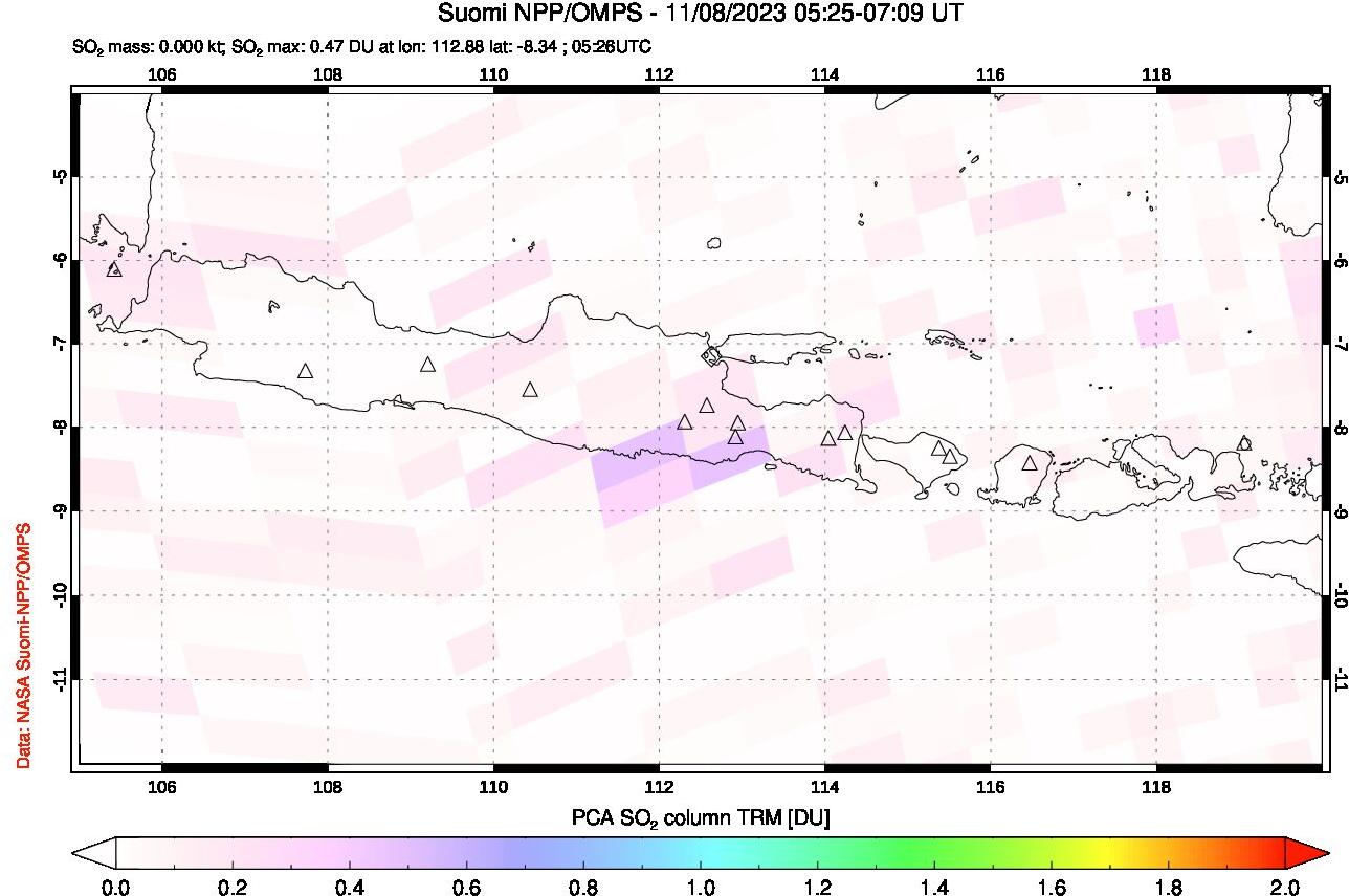 A sulfur dioxide image over Java, Indonesia on Nov 08, 2023.