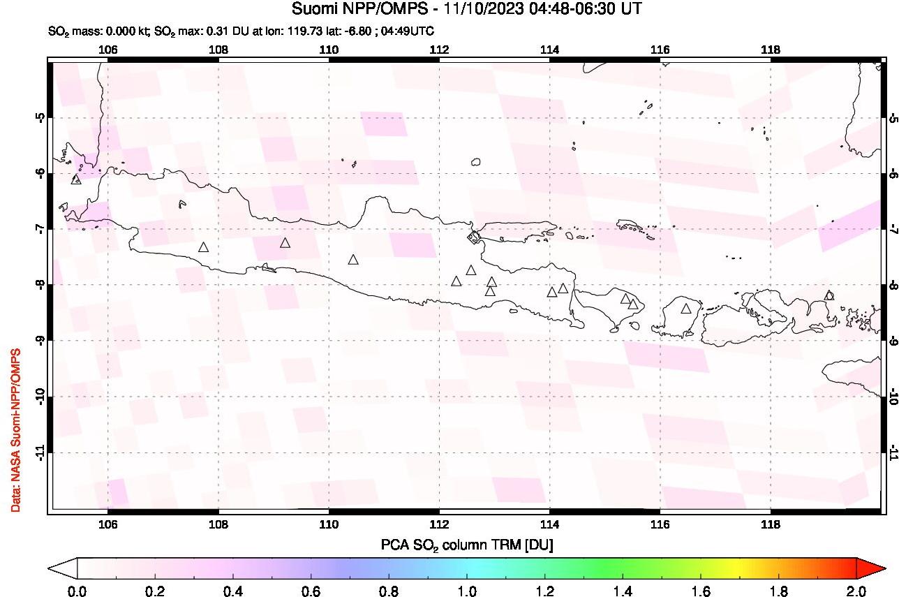 A sulfur dioxide image over Java, Indonesia on Nov 10, 2023.
